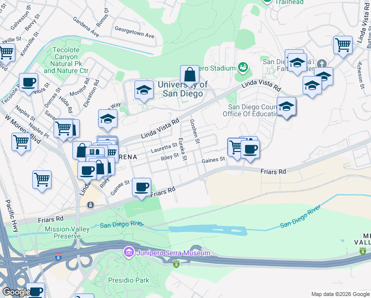 map of restaurants, bars, coffee shops, grocery stores, and more near 5810 Riley Street in San Diego