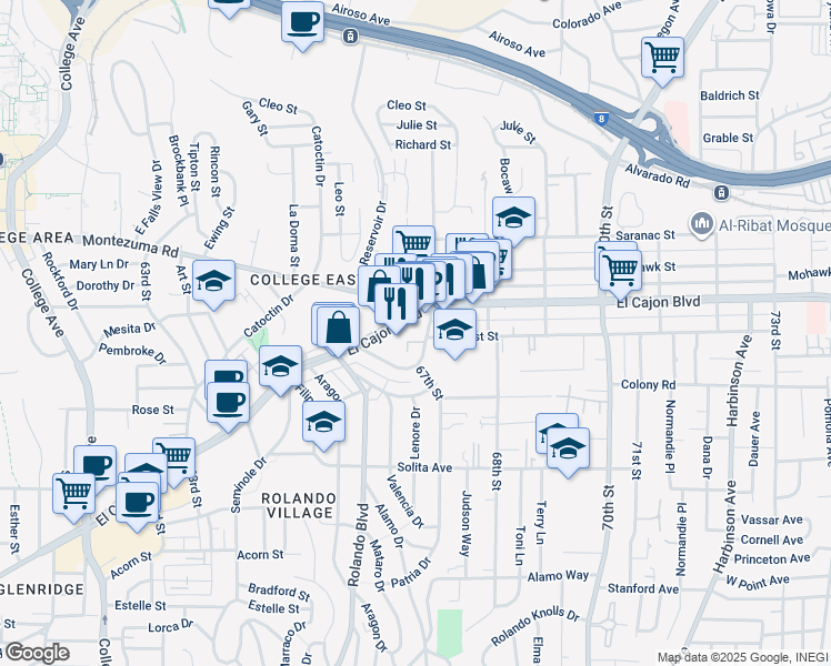 map of restaurants, bars, coffee shops, grocery stores, and more near 4906 1/2 67th Street in San Diego