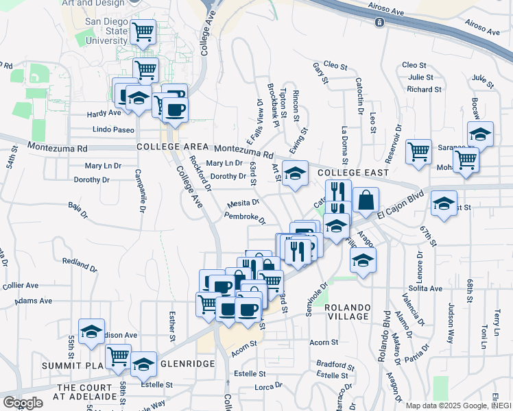 map of restaurants, bars, coffee shops, grocery stores, and more near 6223 Mesita Drive in San Diego