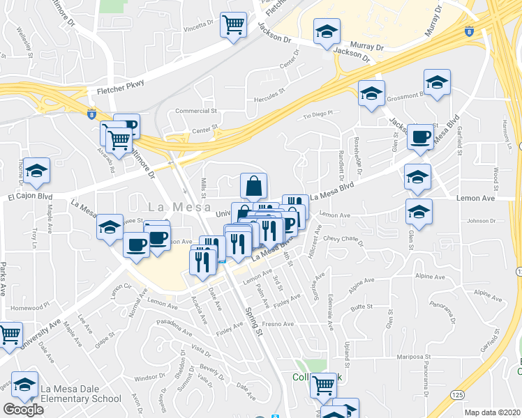 map of restaurants, bars, coffee shops, grocery stores, and more near 8319 University Avenue in La Mesa