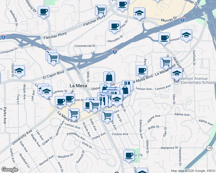 map of restaurants, bars, coffee shops, grocery stores, and more near 8319 University Avenue in La Mesa