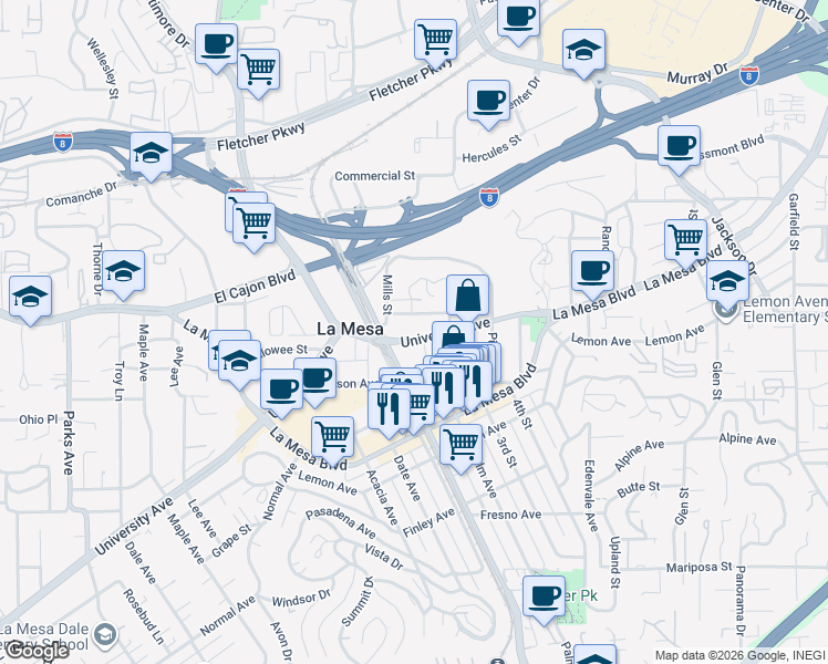 map of restaurants, bars, coffee shops, grocery stores, and more near 7643 University Avenue in La Mesa