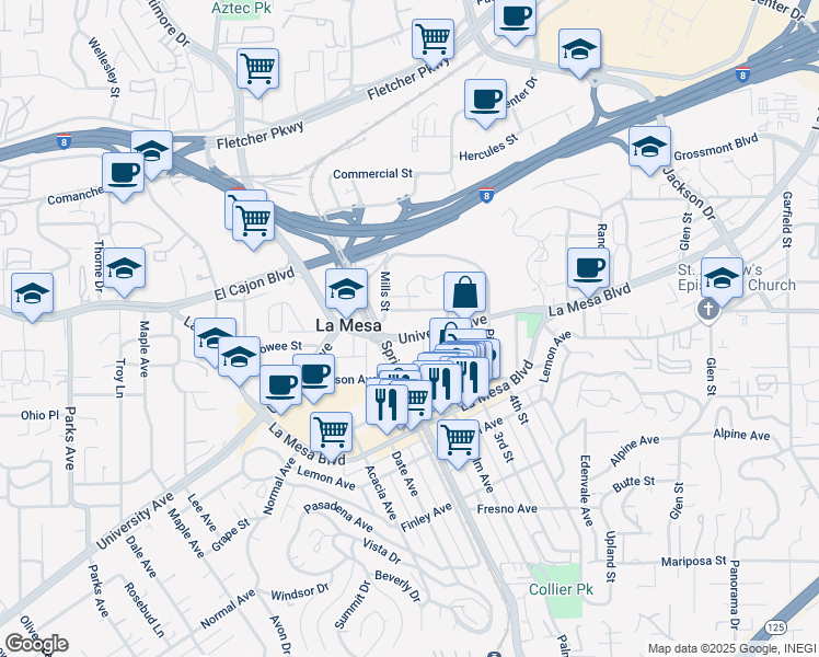 map of restaurants, bars, coffee shops, grocery stores, and more near 7643 University Avenue in La Mesa