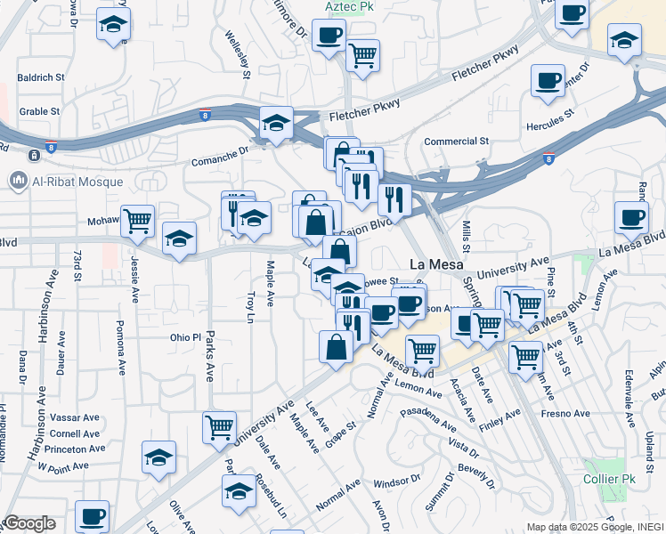 map of restaurants, bars, coffee shops, grocery stores, and more near 7856 La Mesa Boulevard in La Mesa