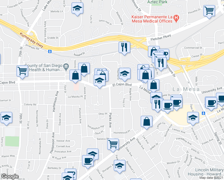map of restaurants, bars, coffee shops, grocery stores, and more near 7670 Troy Terrace in La Mesa
