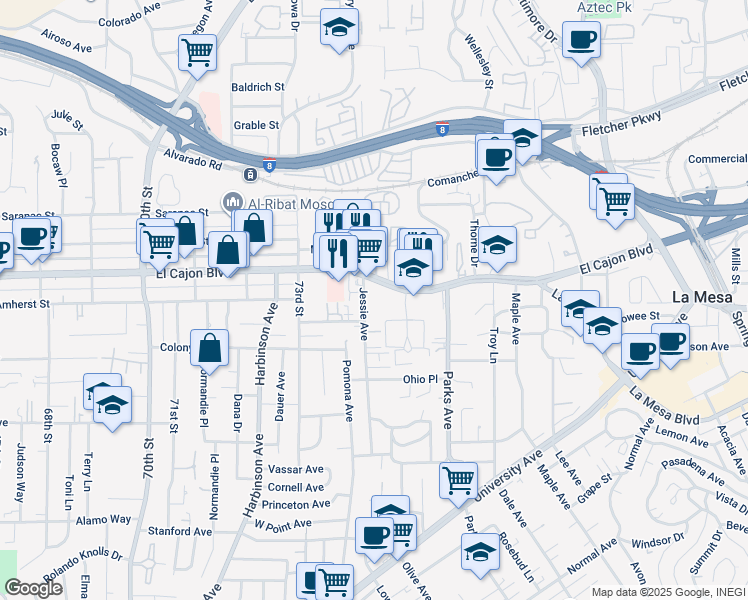 map of restaurants, bars, coffee shops, grocery stores, and more near 4841 Jessie Avenue in La Mesa