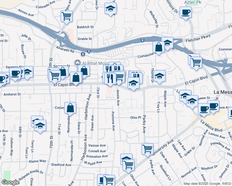 map of restaurants, bars, coffee shops, grocery stores, and more near 4841 Jessie Avenue in La Mesa
