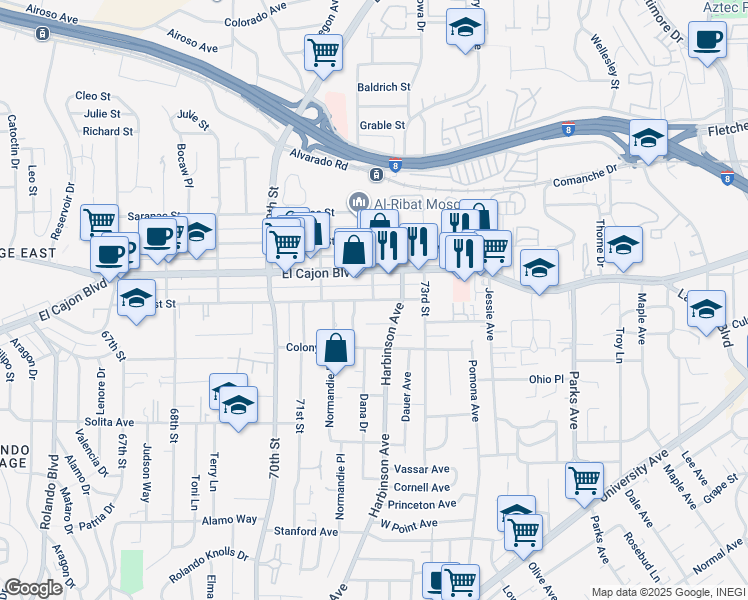 map of restaurants, bars, coffee shops, grocery stores, and more near 7231 Amherst Street in La Mesa