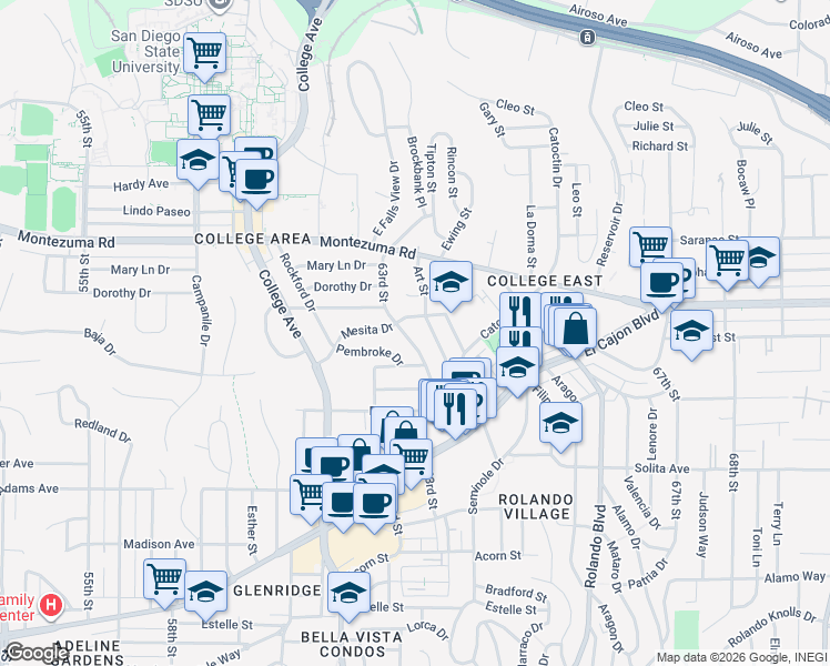 map of restaurants, bars, coffee shops, grocery stores, and more near 4944 Art Street in San Diego