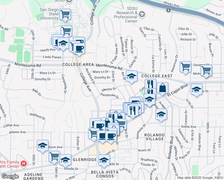 map of restaurants, bars, coffee shops, grocery stores, and more near 6223 Mesita Drive in San Diego