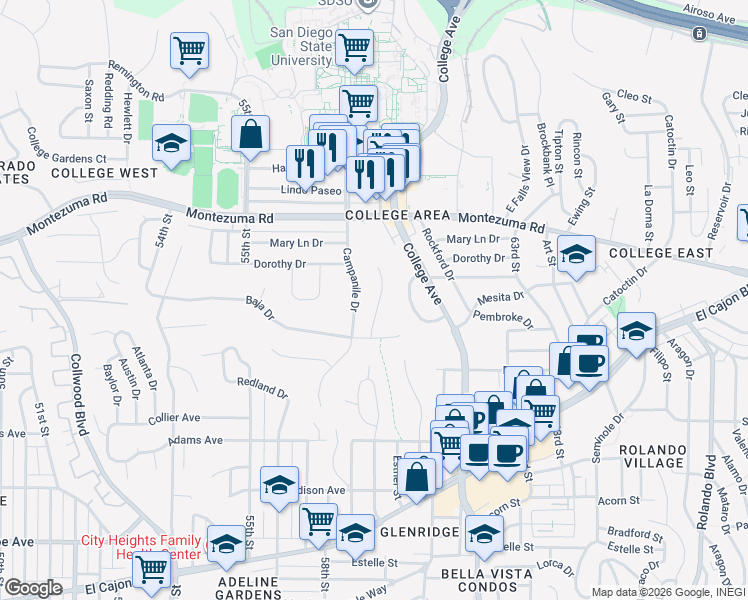 map of restaurants, bars, coffee shops, grocery stores, and more near 4955 Tierra Baja Way in San Diego