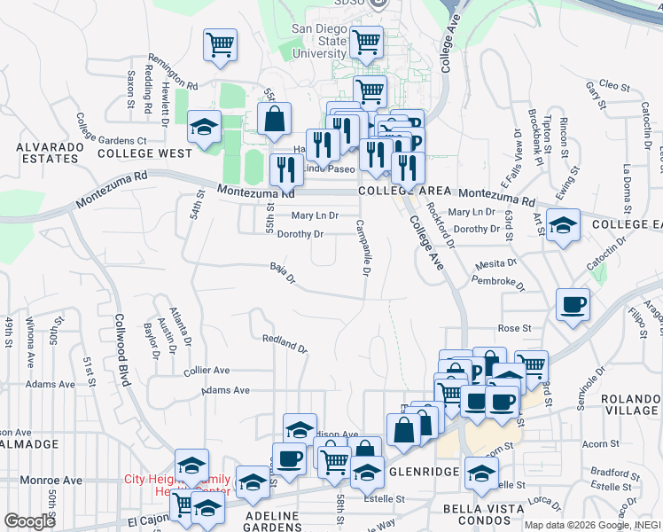 map of restaurants, bars, coffee shops, grocery stores, and more near 5643 Dorothy Way in San Diego