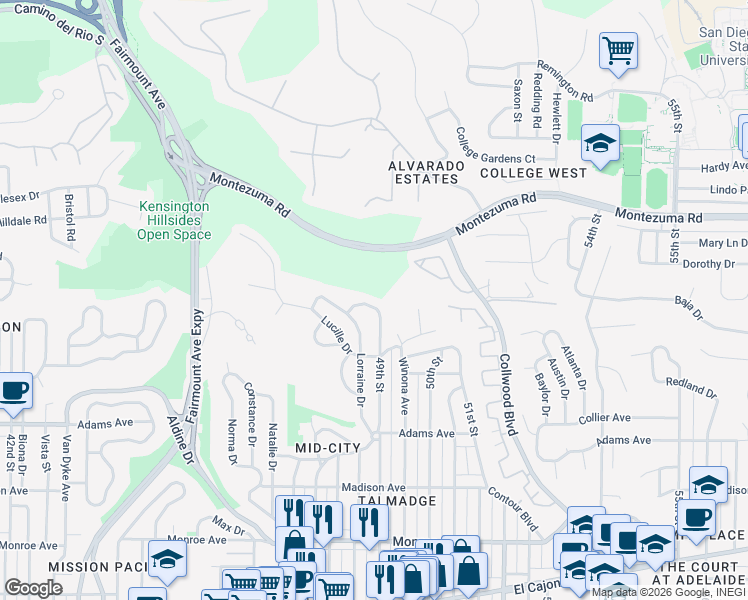 map of restaurants, bars, coffee shops, grocery stores, and more near 4870 Lila Drive in San Diego