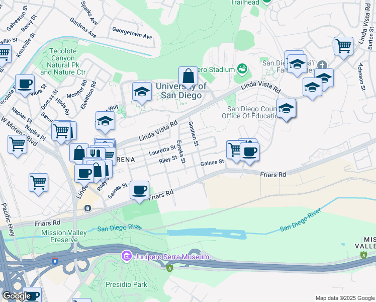 map of restaurants, bars, coffee shops, grocery stores, and more near 5772 Riley Street in San Diego