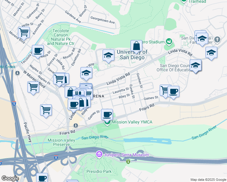 map of restaurants, bars, coffee shops, grocery stores, and more near 5604 Lauretta Street in San Diego