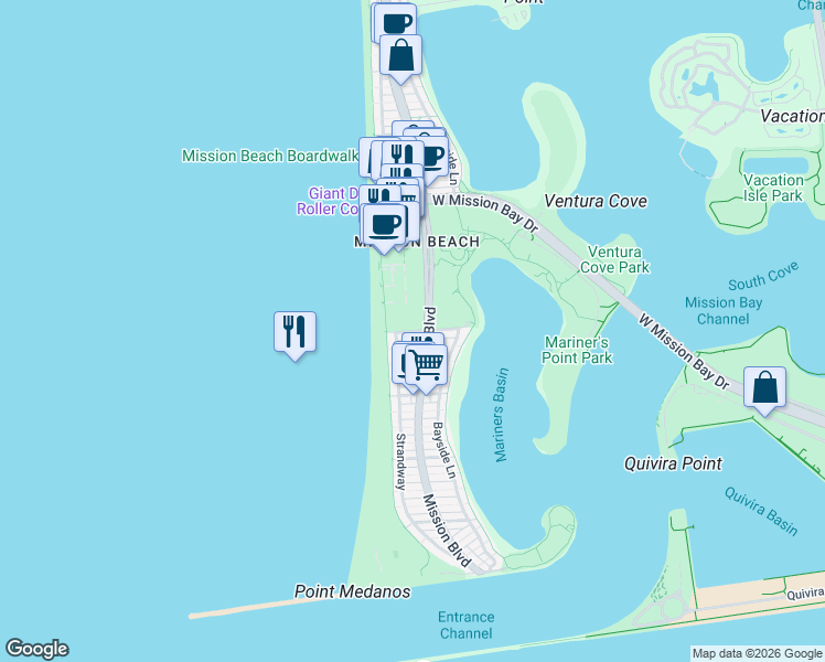 map of restaurants, bars, coffee shops, grocery stores, and more near in San Diego