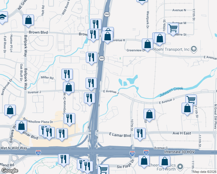 map of restaurants, bars, coffee shops, grocery stores, and more near 560 East Avenue J in Grand Prairie
