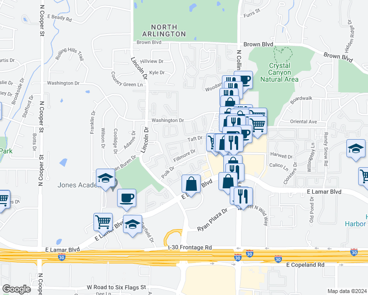 map of restaurants, bars, coffee shops, grocery stores, and more near 2100-2198 Buchanan Drive in Arlington