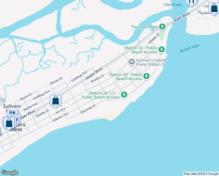 map of restaurants, bars, coffee shops, grocery stores, and more near 2814 Atlantic Avenue in Sullivan's Island