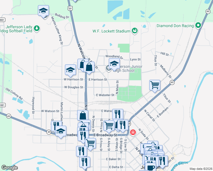 map of restaurants, bars, coffee shops, grocery stores, and more near 701 North Alley Street in Jefferson