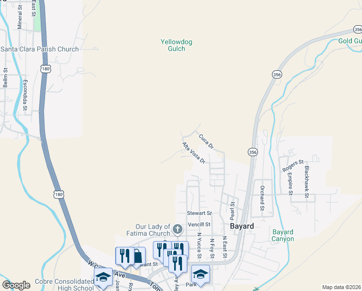 map of restaurants, bars, coffee shops, grocery stores, and more near 1 Alta Vista Drive in Bayard