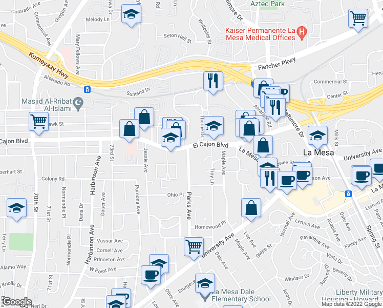 map of restaurants, bars, coffee shops, grocery stores, and more near 7670 Troy Terrace in La Mesa
