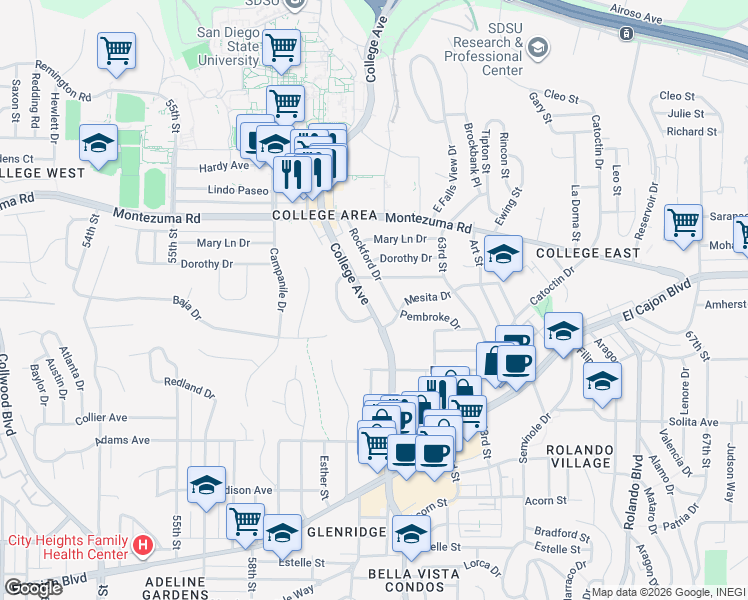 map of restaurants, bars, coffee shops, grocery stores, and more near 4927 College Avenue in San Diego