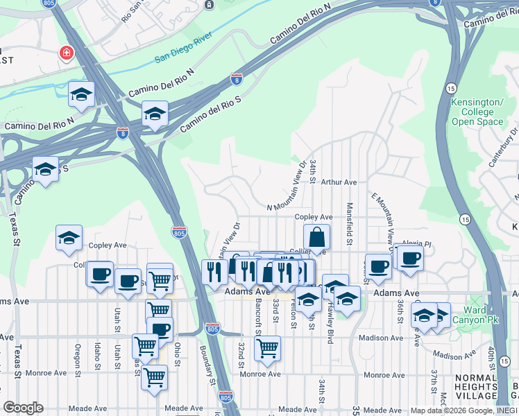 map of restaurants, bars, coffee shops, grocery stores, and more near 3228 Copley Avenue in San Diego