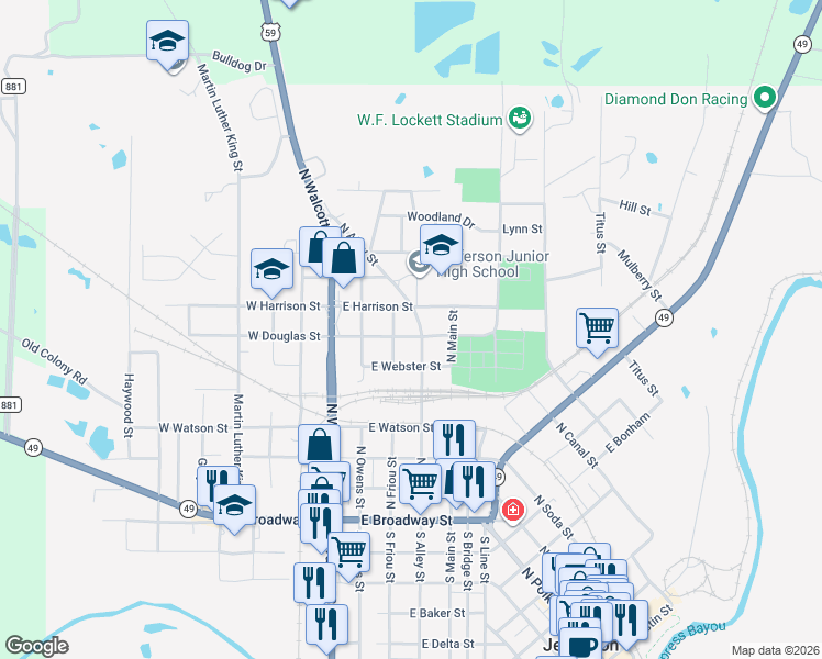 map of restaurants, bars, coffee shops, grocery stores, and more near 701 North Alley Street in Jefferson