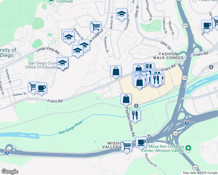 map of restaurants, bars, coffee shops, grocery stores, and more near 6737 Friars Rd in San Diego