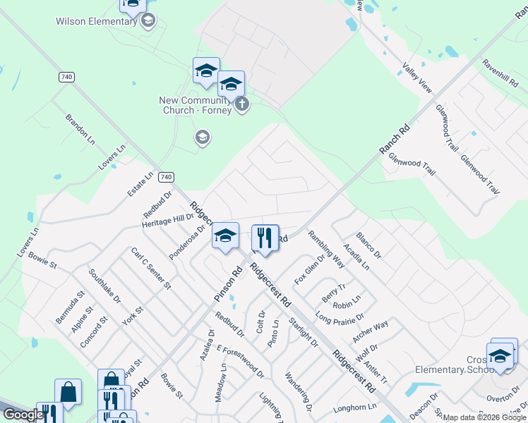 map of restaurants, bars, coffee shops, grocery stores, and more near 200 Independence Tr in Forney