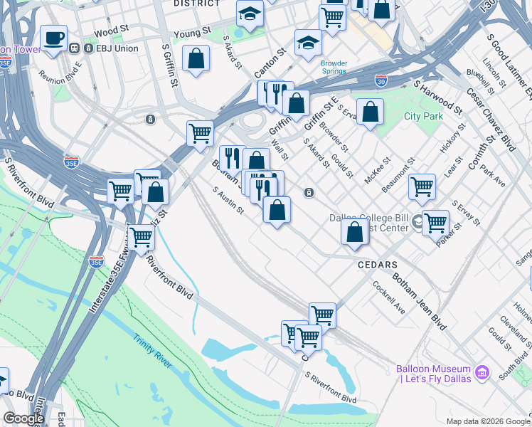map of restaurants, bars, coffee shops, grocery stores, and more near 1325 South Lamar Street in Dallas