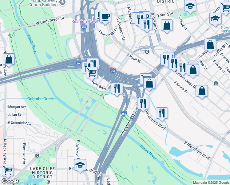 map of restaurants, bars, coffee shops, grocery stores, and more near South Industrial Boulevard in Dallas