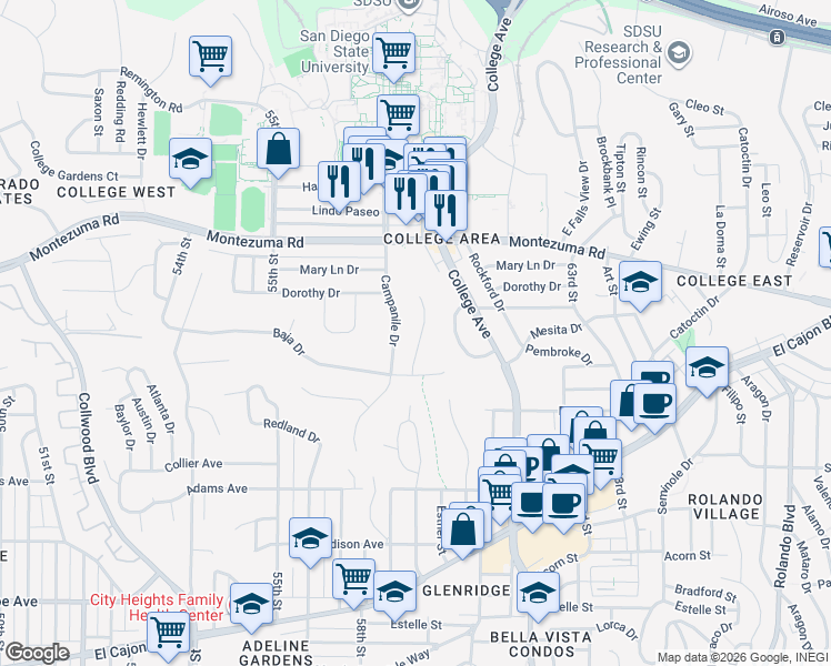 map of restaurants, bars, coffee shops, grocery stores, and more near 4955 Tierra Baja Way in San Diego