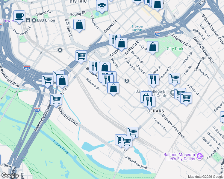 map of restaurants, bars, coffee shops, grocery stores, and more near 1410 South Lamar Street in Dallas