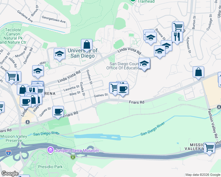 map of restaurants, bars, coffee shops, grocery stores, and more near 6055 Cirrus Street in San Diego