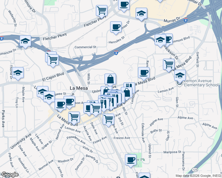 map of restaurants, bars, coffee shops, grocery stores, and more near 8319 University Avenue in La Mesa