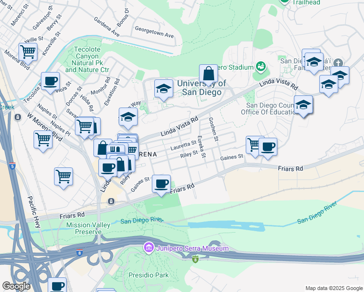 map of restaurants, bars, coffee shops, grocery stores, and more near Lauretta Street in San Diego
