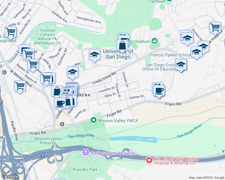 map of restaurants, bars, coffee shops, grocery stores, and more near 5747 Lauretta Street in San Diego