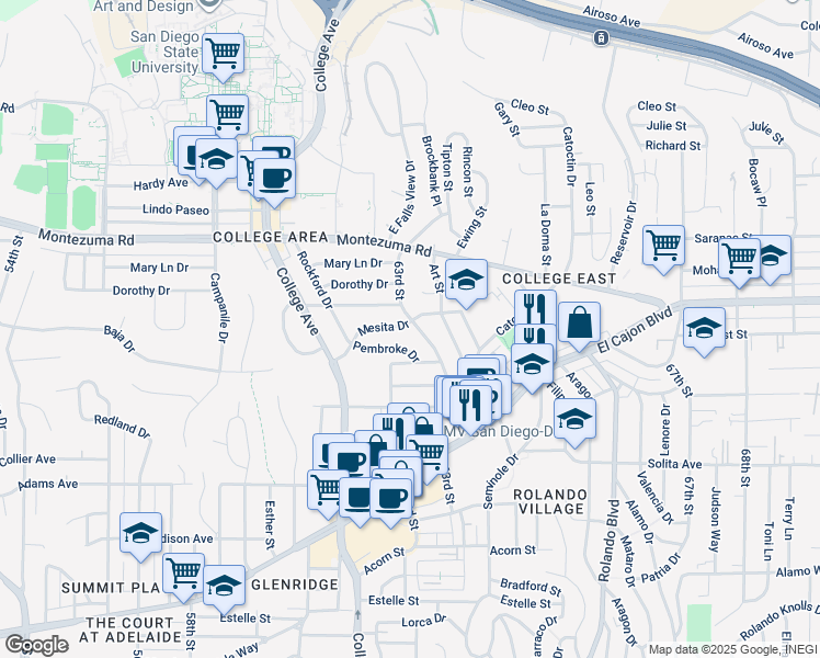 map of restaurants, bars, coffee shops, grocery stores, and more near 2 63rd Street in San Diego