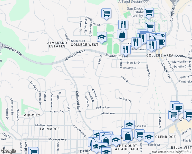 map of restaurants, bars, coffee shops, grocery stores, and more near 4950 54th Street in San Diego