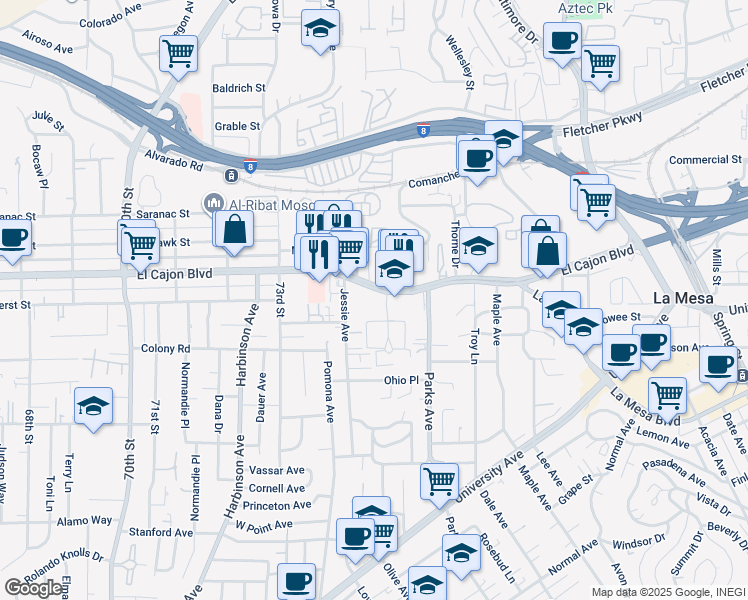 map of restaurants, bars, coffee shops, grocery stores, and more near 7475 El Cajon Boulevard in La Mesa