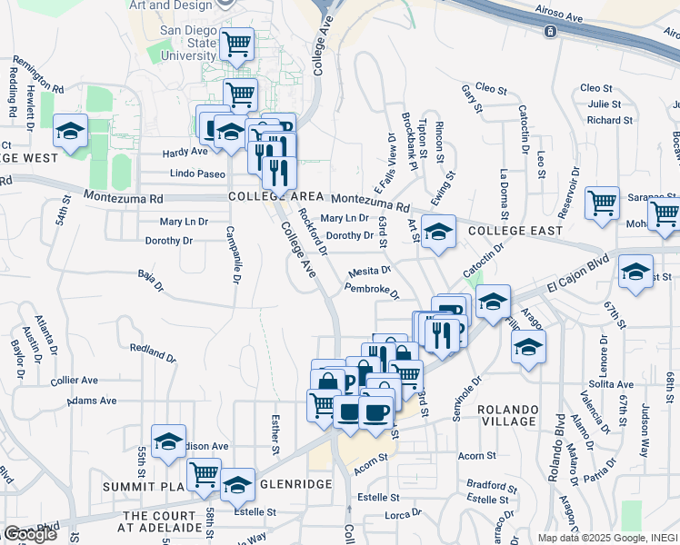 map of restaurants, bars, coffee shops, grocery stores, and more near 4917 Rockford Drive in San Diego