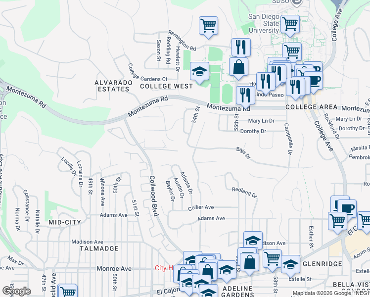 map of restaurants, bars, coffee shops, grocery stores, and more near 4950 54th Street in San Diego
