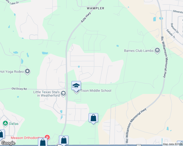 map of restaurants, bars, coffee shops, grocery stores, and more near 301 Mitchell Boulevard in Weatherford