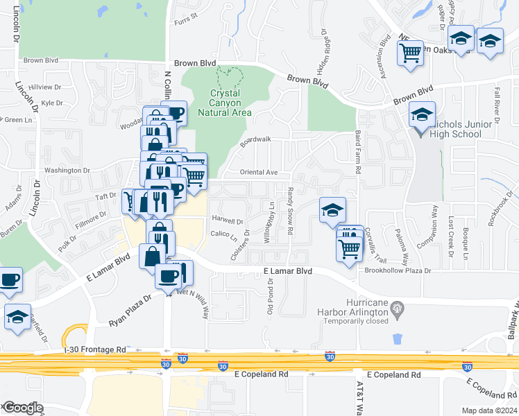 map of restaurants, bars, coffee shops, grocery stores, and more near 2100 Rainbow Drive in Arlington