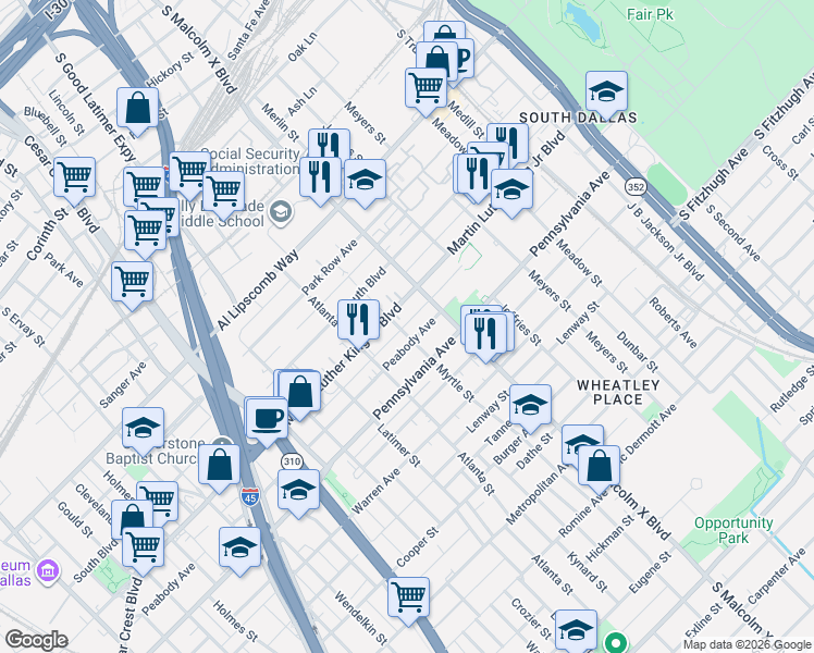 map of restaurants, bars, coffee shops, grocery stores, and more near 2624 Martin Luther King Junior Boulevard in Dallas