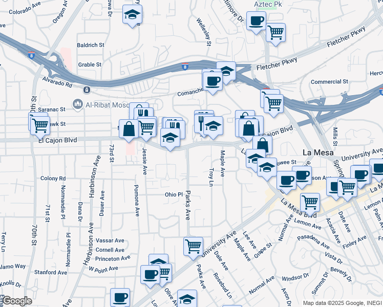map of restaurants, bars, coffee shops, grocery stores, and more near 4879 Parks Avenue in La Mesa