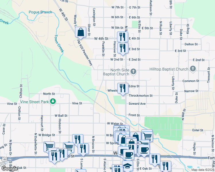 map of restaurants, bars, coffee shops, grocery stores, and more near 810 North Alamo Street in Weatherford
