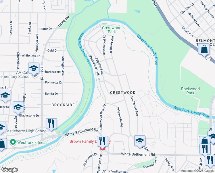 map of restaurants, bars, coffee shops, grocery stores, and more near 616 Edgefield Road in Fort Worth